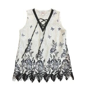 Kamana Butterfly Lace Sleeveless Tunic Blouse Lace Up Neck White Black Size M